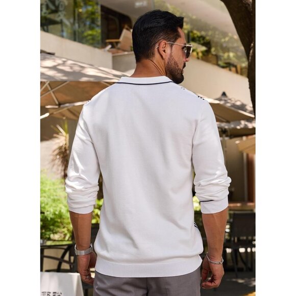 Men's Knit Polo Sweater Long Sleeve Striped Thermal Button Collar Sweater White - Picture 3 of 7